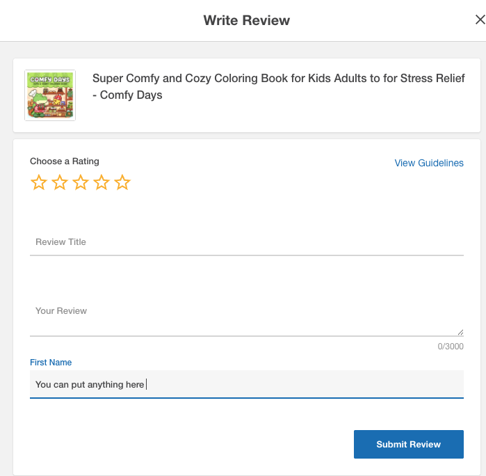 Takealot interface showing that a reviewer can enter a different first name